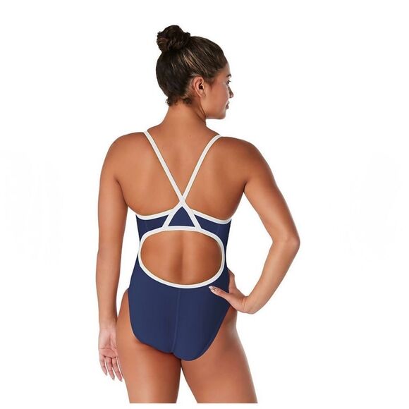 NWT New SPEEDO Solid Endurance+ Flyback Racing Swimsuit Navy White Trim 22 - Picture 2 of 6